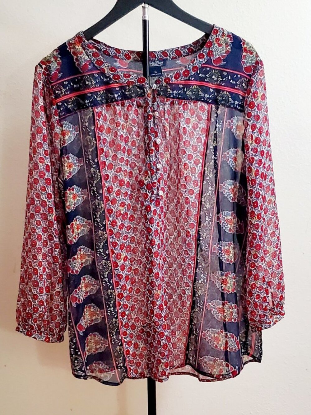 Lucky Brand Women's Sheer Blouse Size XL Colorful Paisly Boho Theme